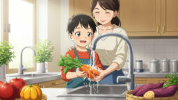 お母さんと野菜を洗う男の子の画像