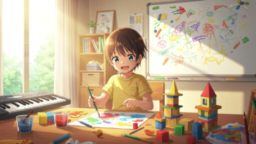 アートを学力に繋げようと試みる男子小学生の画像