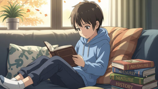 ソファーで読書をする男子小学生の画像