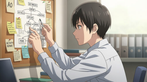 総合型選抜のフローチャートを作る男子高校生の画像