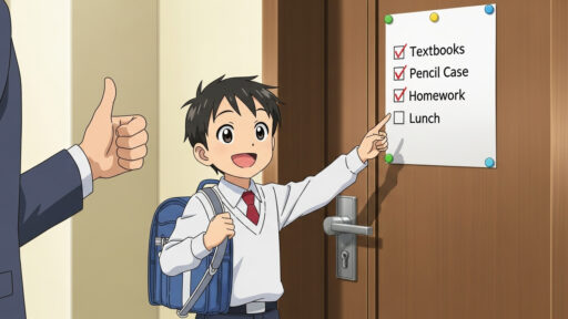 忘れ物がないかチェックする男子小学生の画像