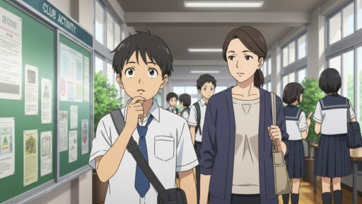 高校選びで見学会に参加する男子中学生と母親の画像