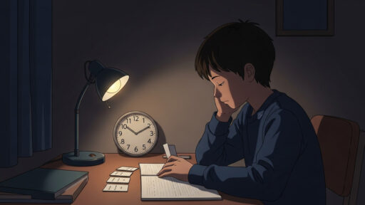 寝る直前に暗記をする男子中学生の画像