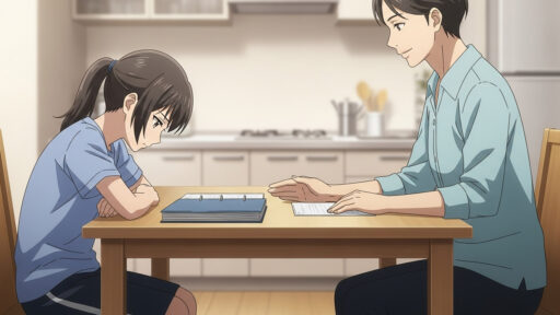 反抗期の娘に話し掛ける父親の画像