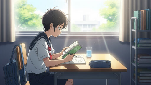 朝習慣で読書に集中する女子小学生の画像