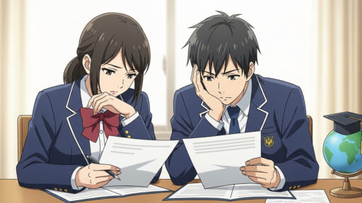 奨学金（学生ローン）の書類を読む高校生たちの画像