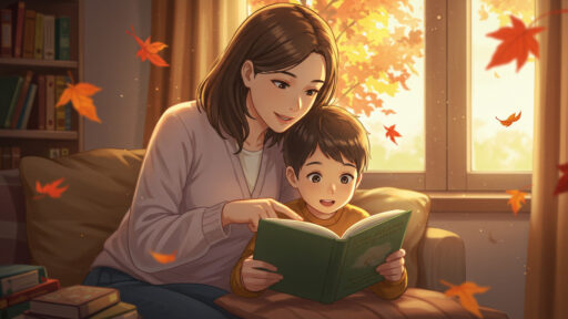 読み聞かせをする母親の画像