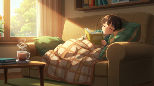 ソファーで仮眠をとる男子小学生の画像