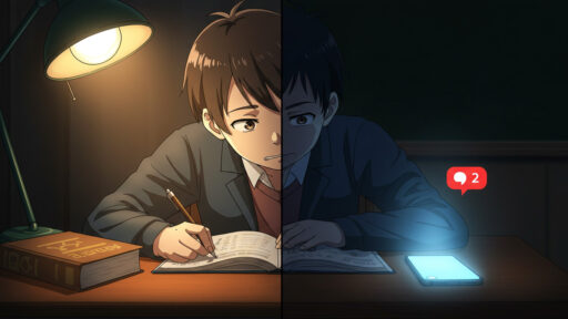 ながらスマホで成績下がる男子中学生の画像