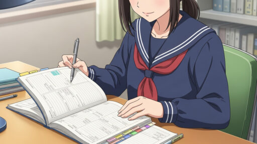 復習するためにノートを開く女子中学生の画像