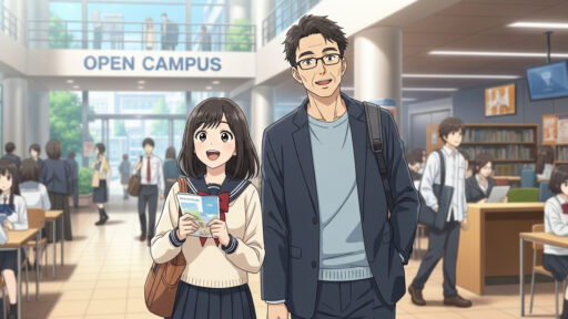 大学のオープンキャンパスに女子高生と父親が参加する画像