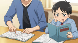 問題が解けずにイライラする男子小学生と教える母親の画像