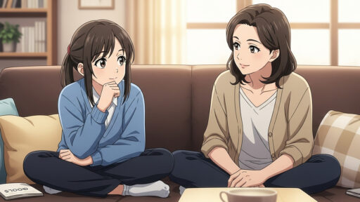 将来の事について母親に相談する女子中学生の画像