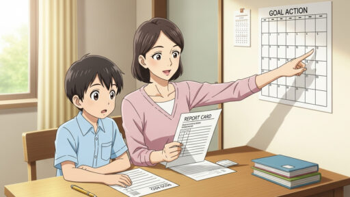 カレンダーを使って期日を決める母親、目標を定める男子小学生の画像