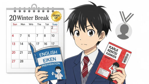 英検、漢検、数検を受けて加点を得る男子中学生の画像