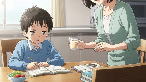 朝勉をする男子小学生と朝食を準備する母親の画像