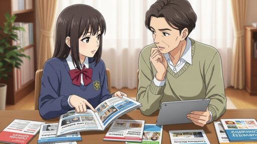 父親と一緒に大学の学部学科選びに勤しむ女子高生の画像