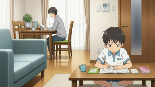 リビングで勉強する男子小学生の画像