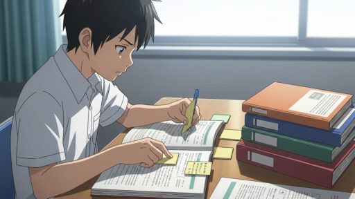 付箋紙を用いて、効率良く勉強をする男子中学生の画像