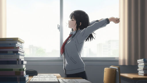 疲れを取るために背伸びをする女子高校生の画像