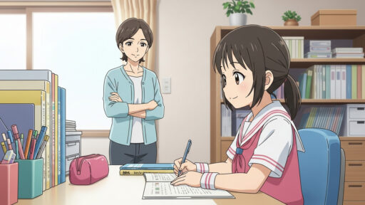 勉強を促す母親とその課題に取り組む女子小学生の画像