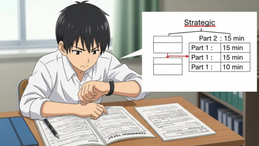 時間内で終わらせるよう配分と得点を気にする男子高校生の画像