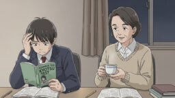 共通テスト直前で焦る男子高校生を見守る母親の画像