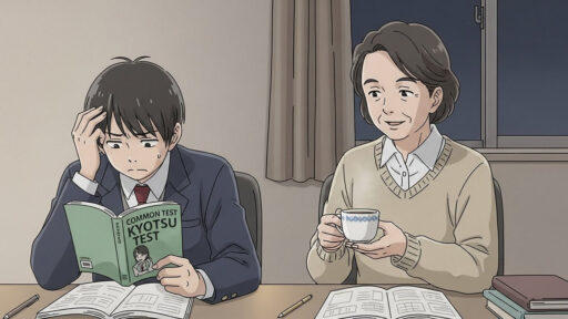 共通テスト直前で焦る男子高校生を見守る母親の画像