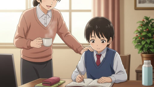 中学受験直前の男子小学生を見守る母親の画像