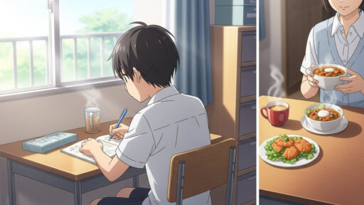 朝活をする男子中学生と朝食を作る母親の画像