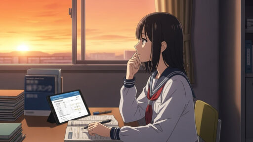 共通テスト後に何をすればいいのか考えている女子高生の画像