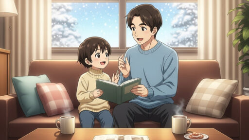 父親と男子小学生が一緒に読書をする画像