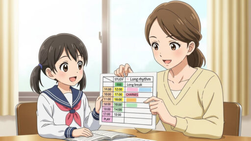 お母さんと勉強のスケジュールを考える女子小学生の画像