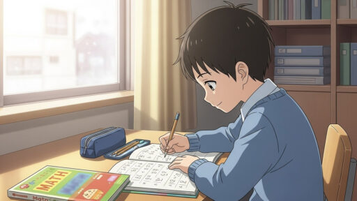 算数の復習をする男子小学生の画像