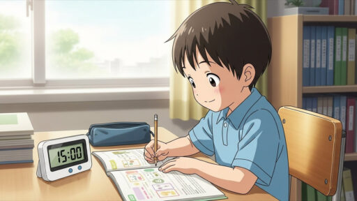 タイマーを使い、自分を追い込む男子小学生の画像