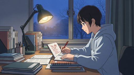 やることToDoリストを使って優先順位を決める男子中学生の画像