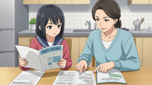 母親と一緒に三者面談前に資料を見ながら決める女子中学生の画像