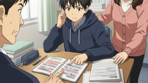 成績不振を断ち切る為に両親と勉強法を探る男子高校生の画像