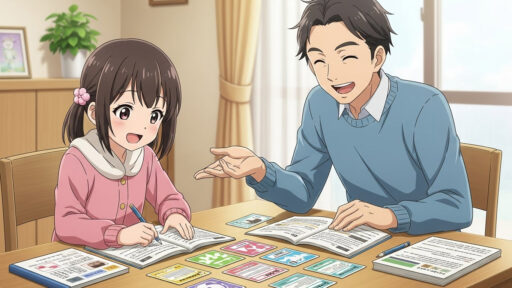 父親と一緒に暗記する女子小学生の画像