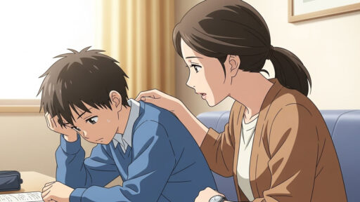 思春期に自ら率先して勉強が出来ない男子中学生を見守る母親の画像