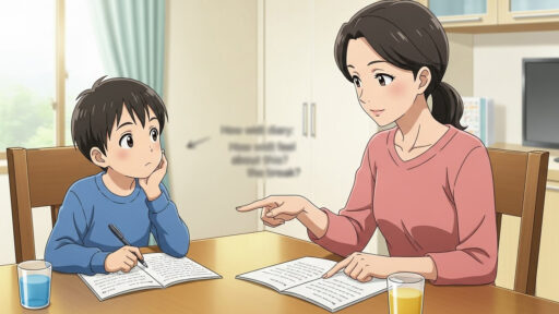 母親から日記について質問されている男子小学生の画像