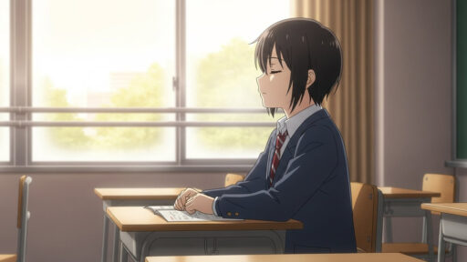 緊張の中、冷静さを保つために静かに目をつむる男子中学生の画像