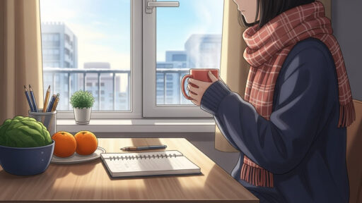 体調管理をするために暖かい飲み物を飲む女子高校生の画像