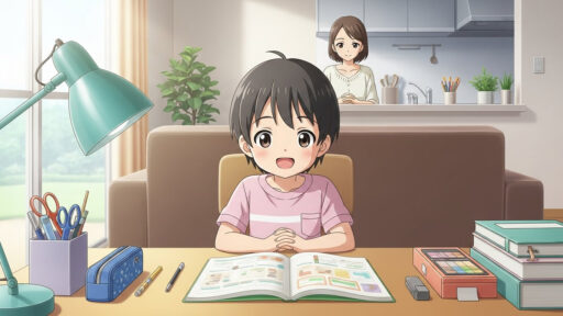 低学年から学習習慣を付ける練習をする女子小学生と見守る母親の画像