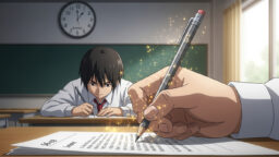 試験問題を最後まで粘る男子高校生の画像