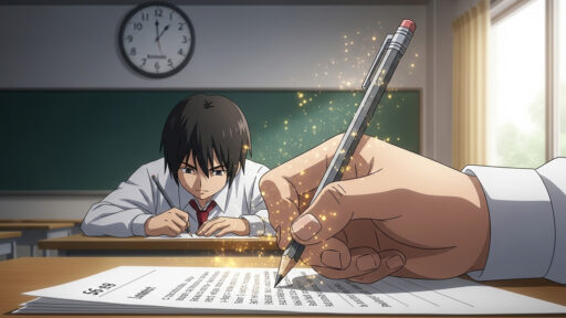 試験問題を最後まで粘る男子高校生の画像