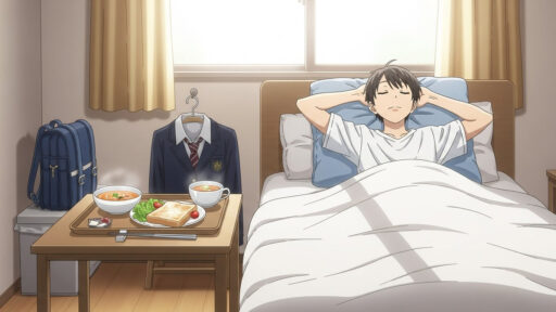 冬休み明けに備えて朝型に切り替える男子中学生の画像