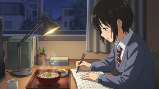 受験生の脳を育む夜食を食べる女子高生の画像