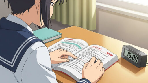 英文の速読を試みる女子中学生(女子高生)の画像