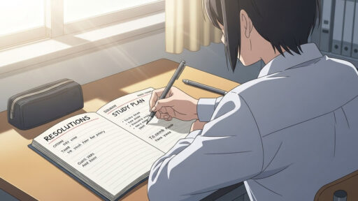 年始に学習計画を立てる男子中学生の画像